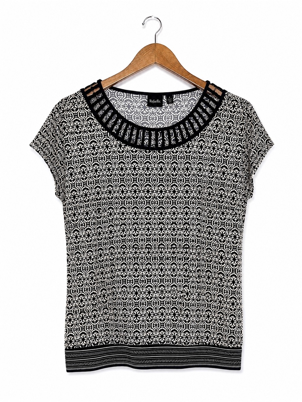 Rafaella Women’s Small Black Cream Geometric Print Cutout Neck Short Sleeve Top